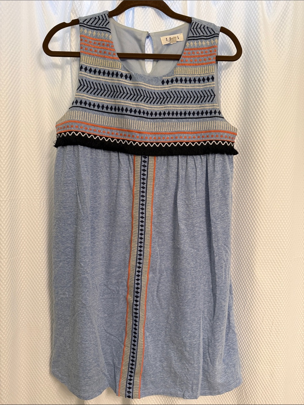 Blue Embroidered Tank Dress with Geometric Trim by THML.